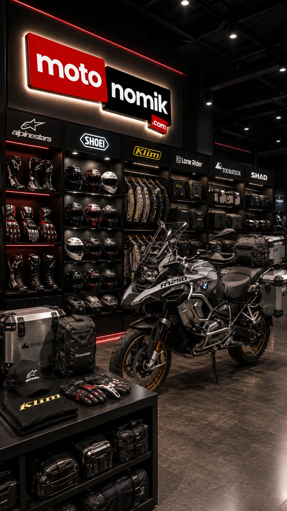 Motosiklet, kask ve sürüş ekipmanlarıyla Motonomik mağaza görseli